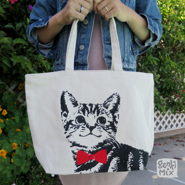 Tabby Cat with Red bow Canvas Tote