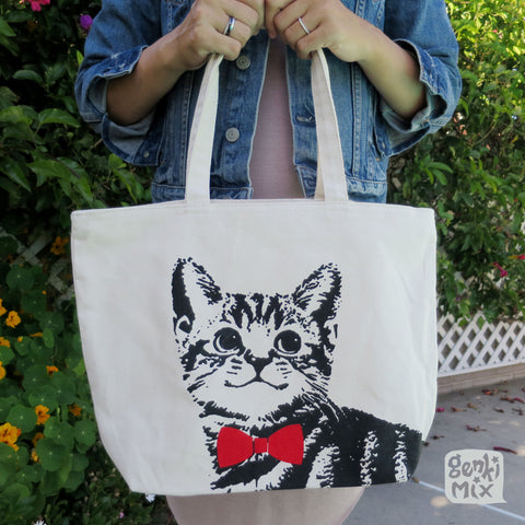 Tabby Cat with Red bow Canvas Tote