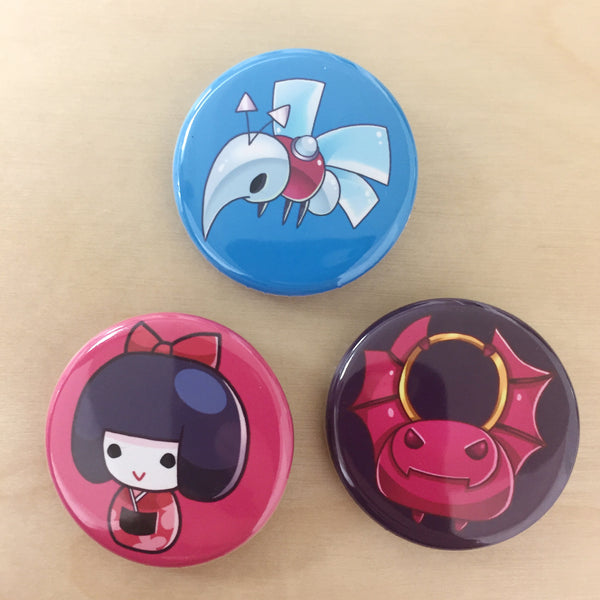 zOMG Button Set C: Kokeshi Doll/ Clutch/ Alarm Skeeter